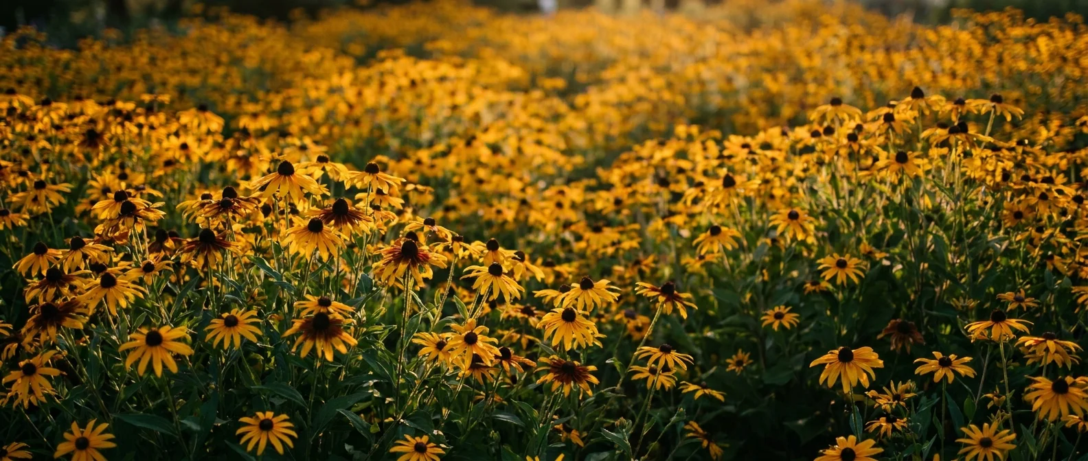 A dense field of golden Black-Eyed Susans spreading across a backyard garden meadow.