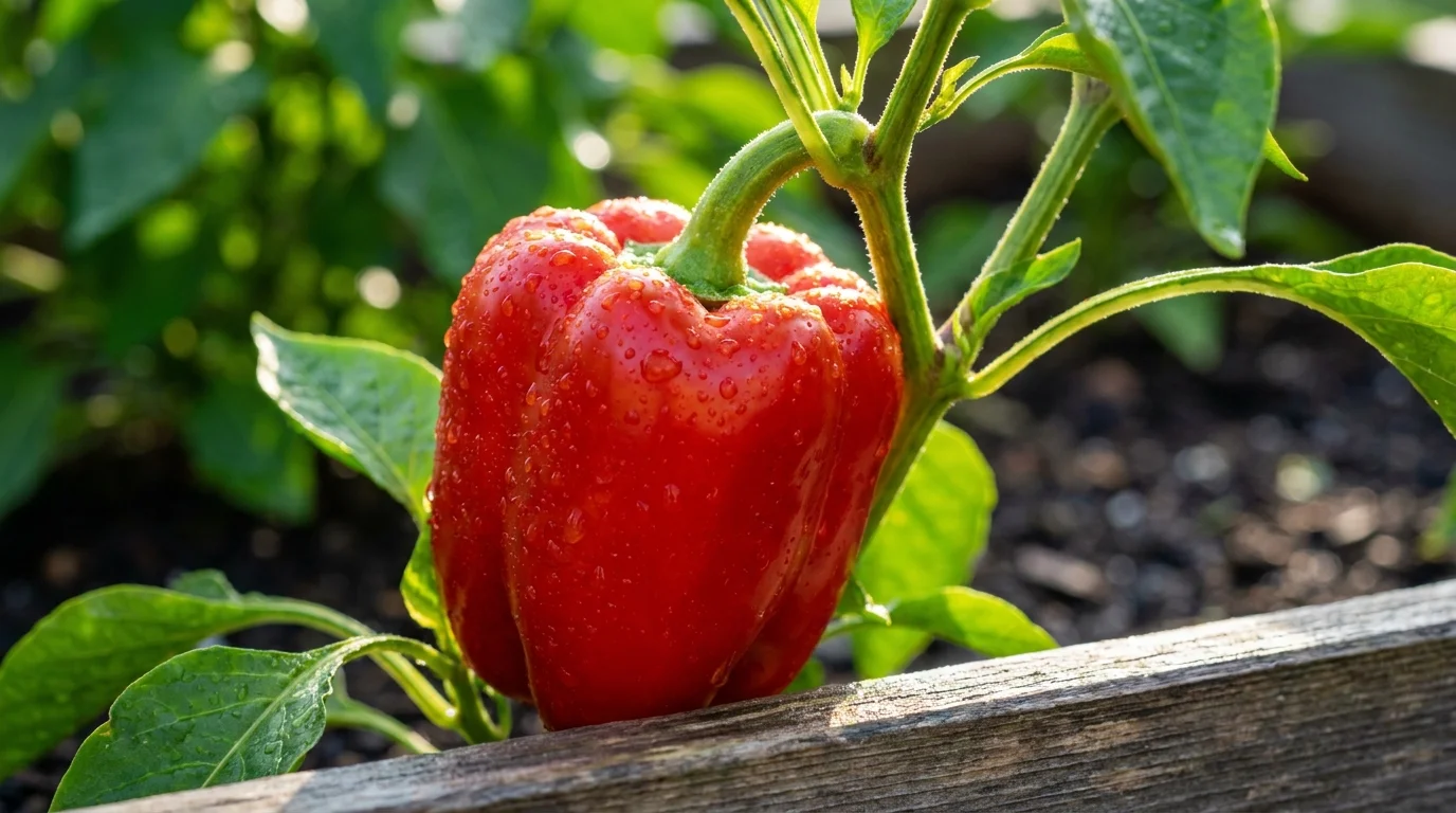 A detailed macro shot of a ripe red bell pepper with water droplets, growing in a garden bed.