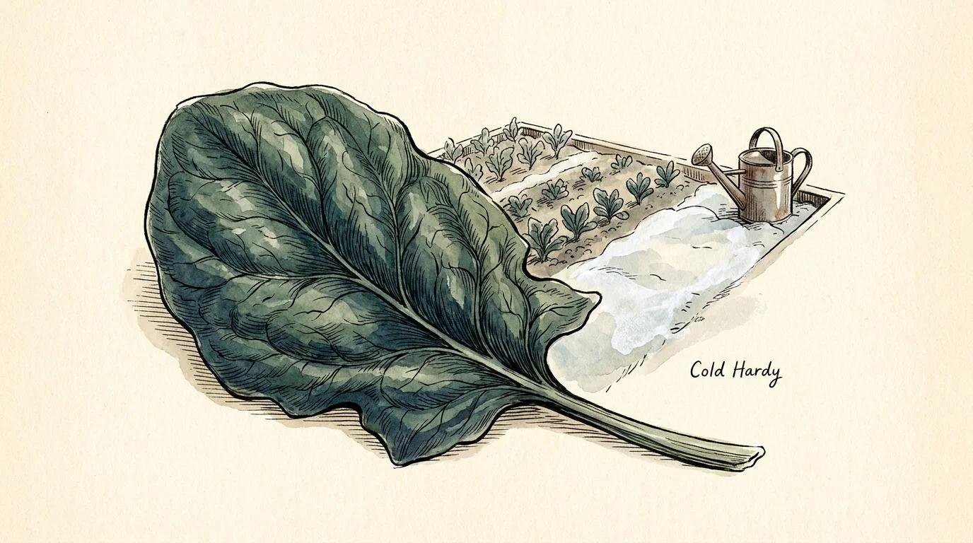 A detailed watercolor of a crinkled spinach leaf with a small garden bed in the background labeled 'Cold Hardy'.