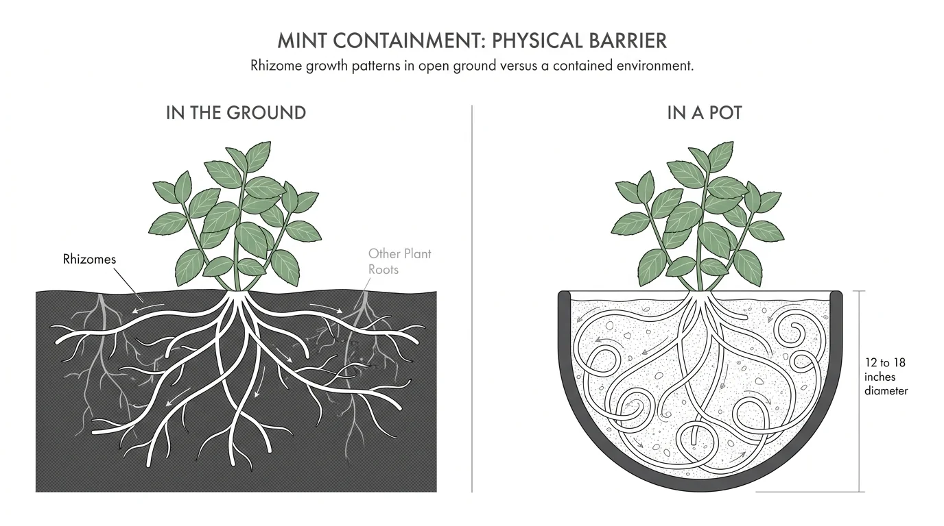 A diagram comparing mint roots spreading uncontrollably in the ground versus being neatly contained within a 12 to 18 inch wide pot.