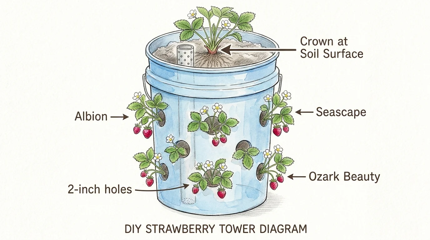 A diagram of a strawberry tower bucket with labels identifying the crown placement and specific variety names.
