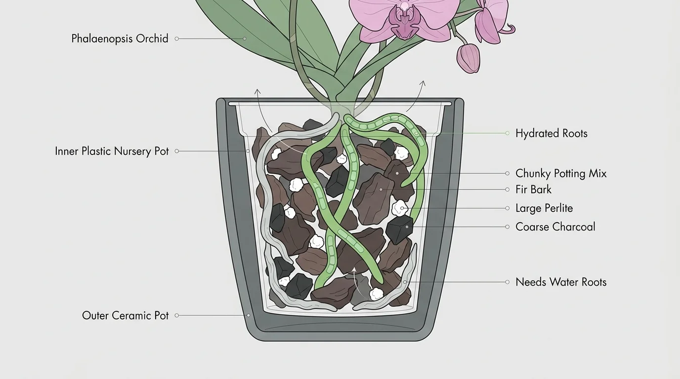 A diagram showing an orchid's root system in a chunky bark mix with labels for bark, perlite, and charcoal.