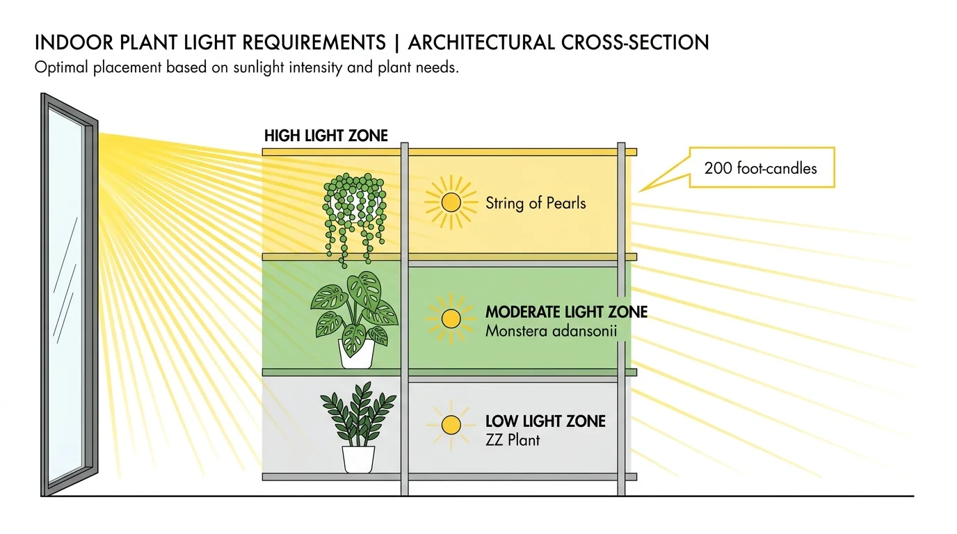 A diagram showing how light intensity decreases from the top shelf to the bottom shelf near a window.