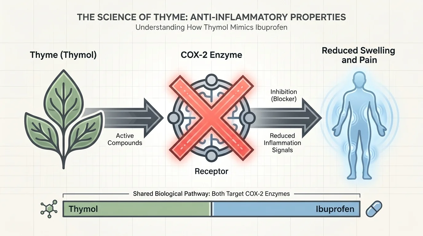 A diagram showing how the thymol in thyme blocks the COX-2 enzyme to reduce inflammation, similar to ibuprofen.