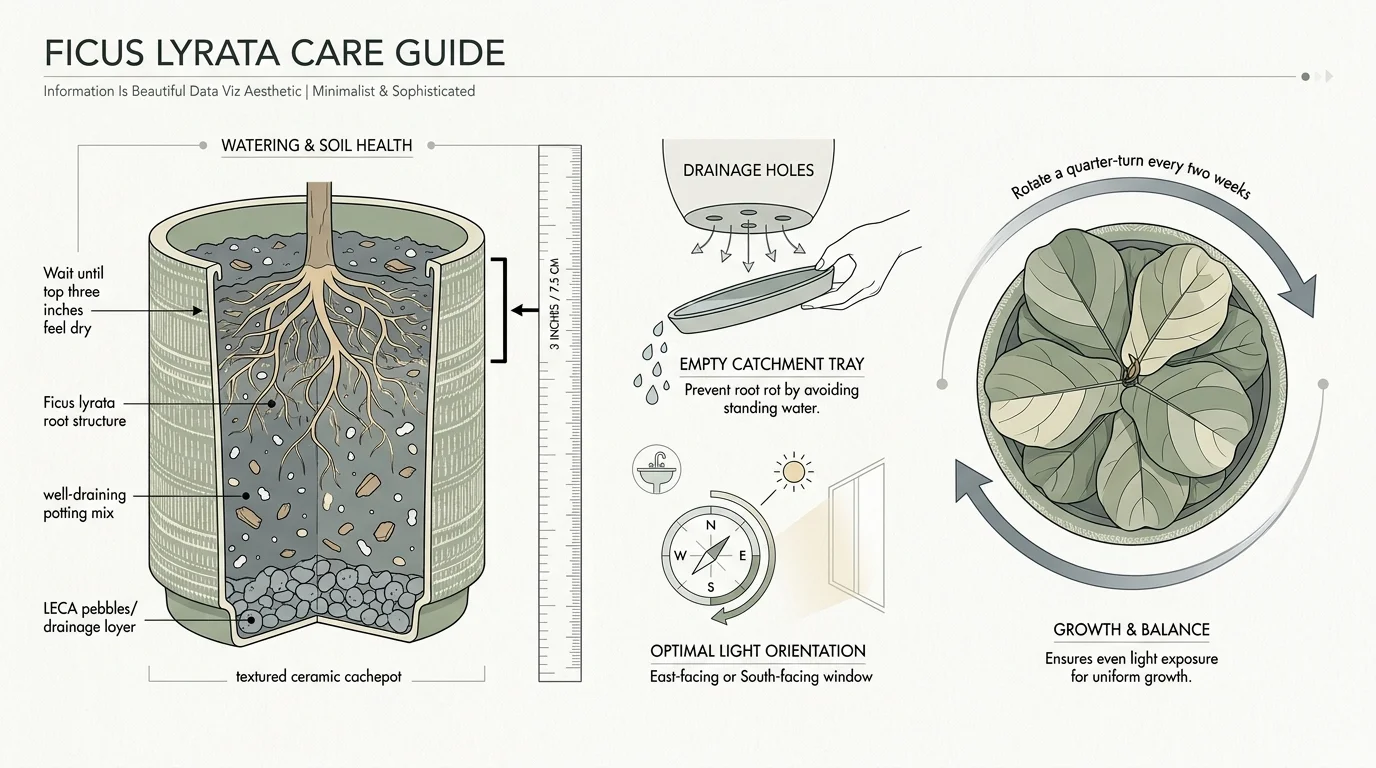 A diagram showing the care instructions for a Fiddle Leaf Fig, including soil depth for watering and pot rotation.