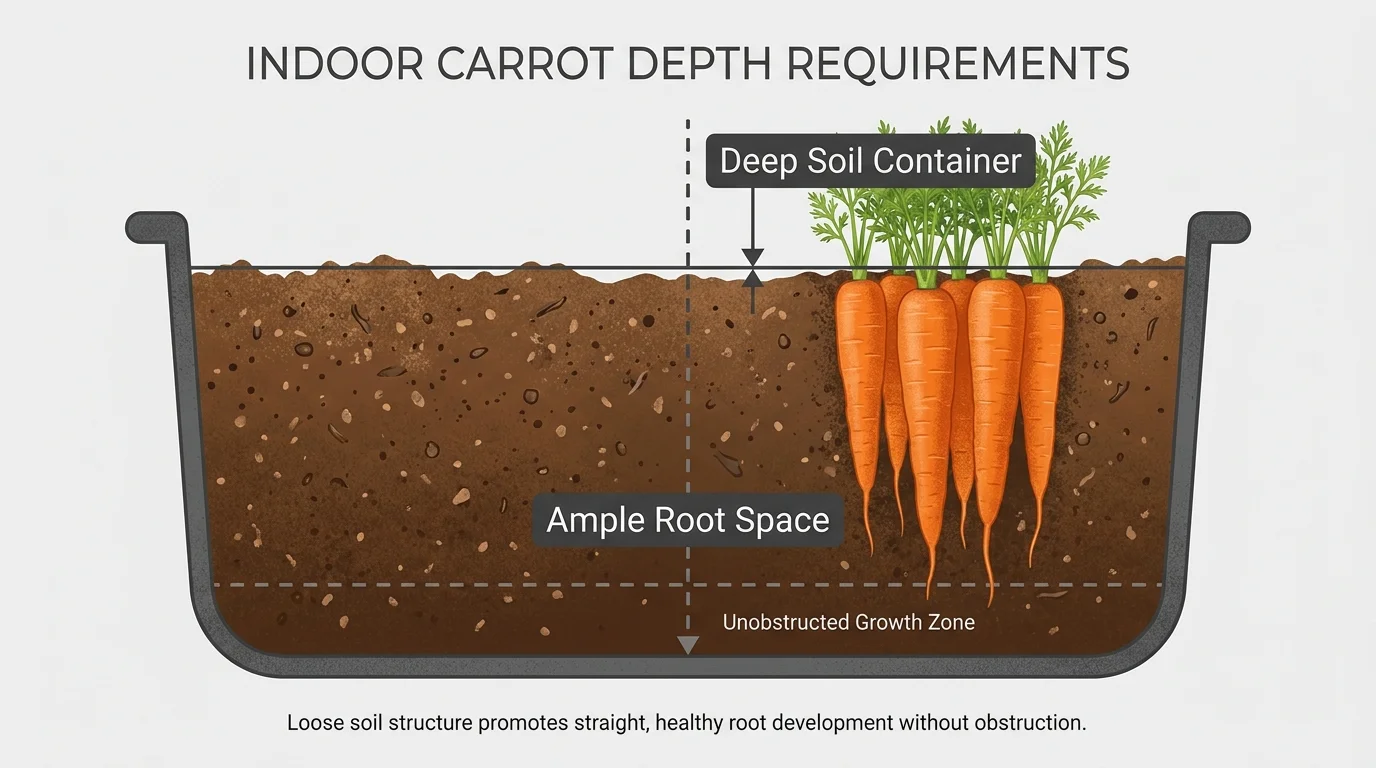 A diagram showing the necessary depth and soil conditions for growing carrots in an indoor container.
