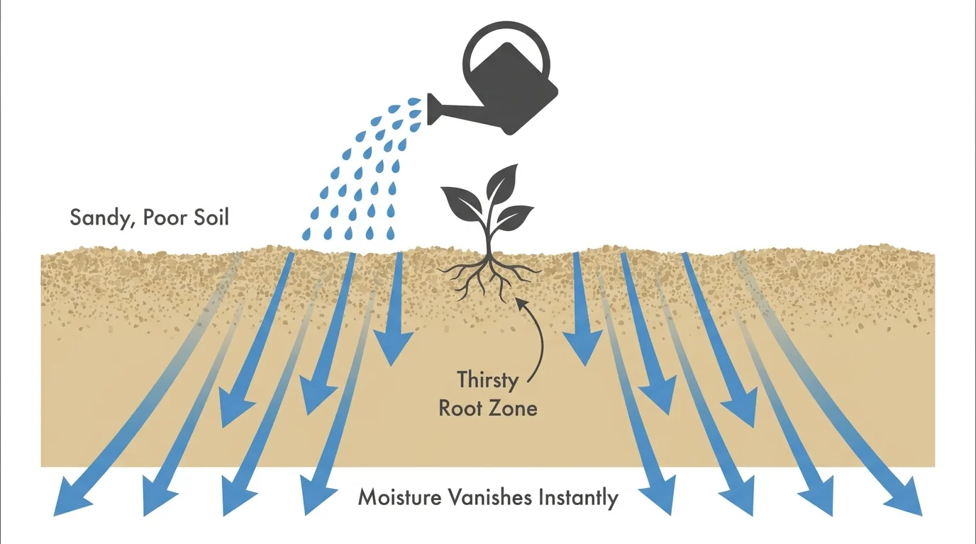 A diagram showing water draining straight through sandy soil and bypassing the root zone.