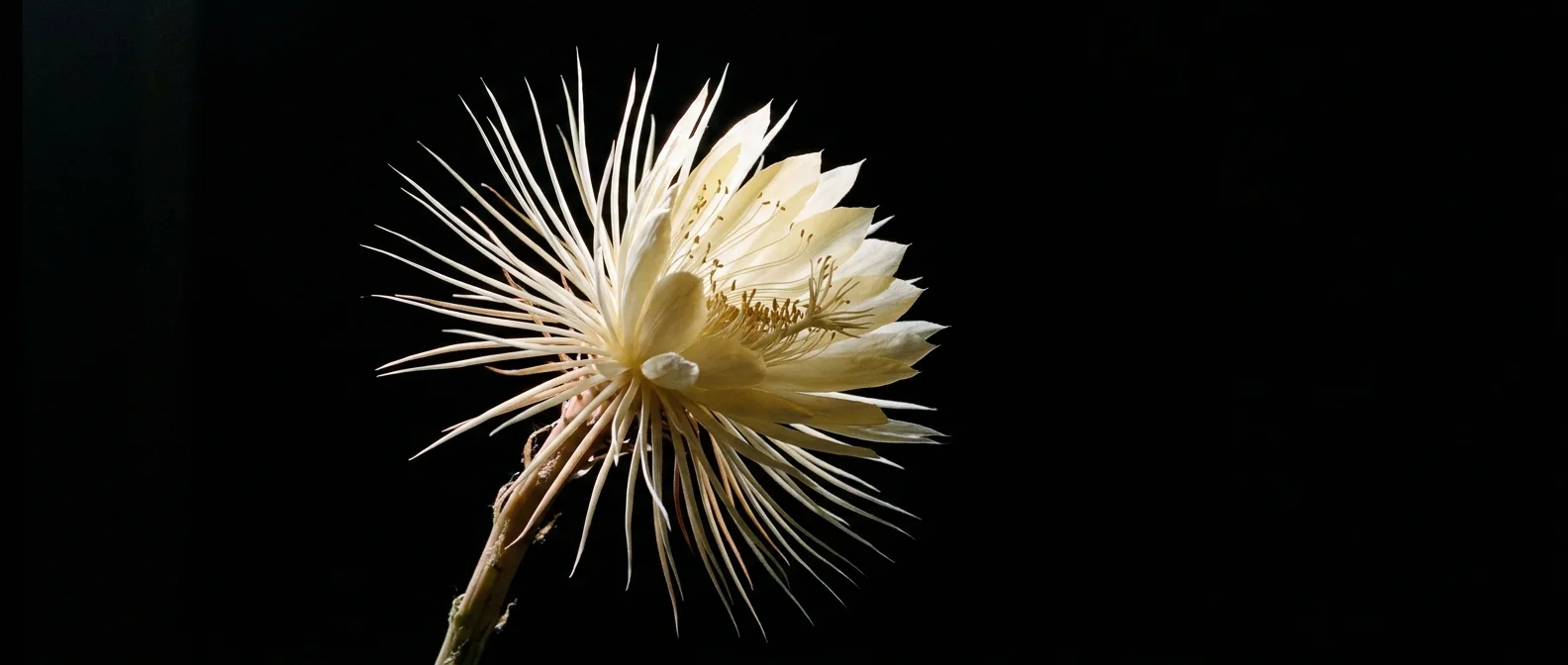 A dramatic black and white photograph of a white night-blooming cereus flower with intricate needle-like petals.