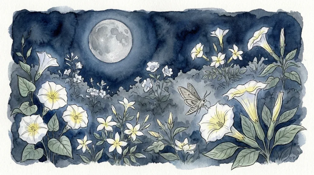 A dreamlike watercolor illustration of a night-blooming garden with white flowers glowing under a full moon in a deep blue sky.