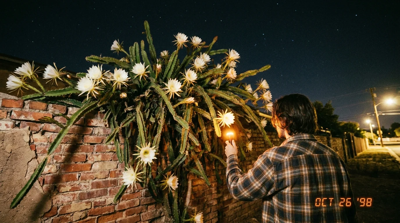 A film photograph of a large cactus covered in white flowers blooming against a brick wall at night.