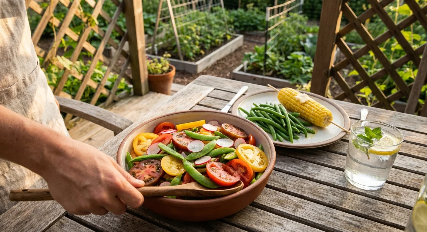 A finished meal on a garden patio featuring a salad of tomatoes and radishes, green beans, and corn on the cob.