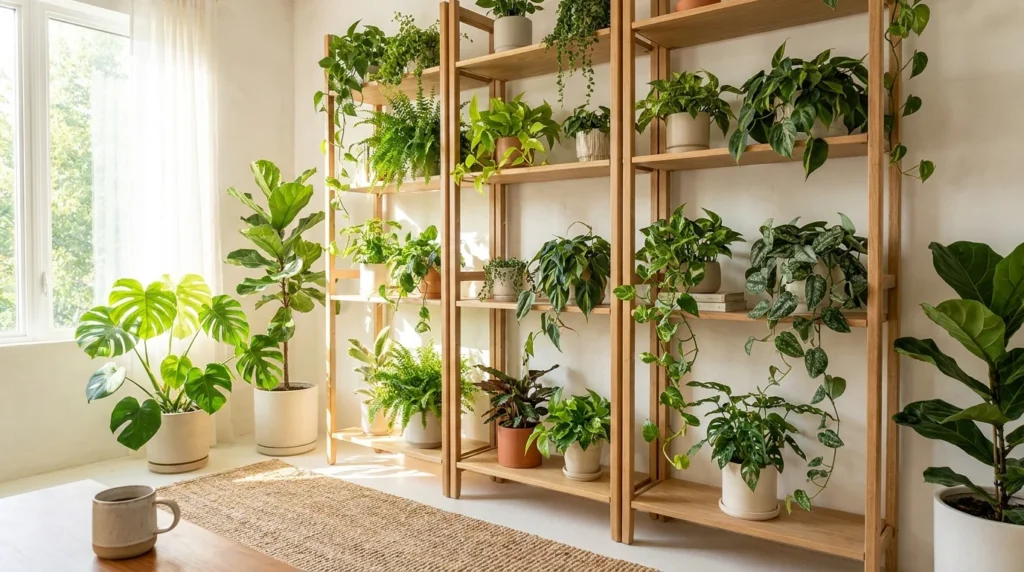 A floor-to-ceiling wooden plant shelf filled with various houseplants in a bright, sunlit living room.