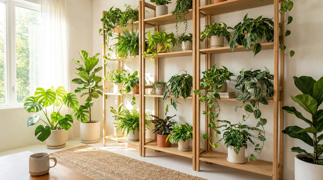 A floor-to-ceiling wooden plant shelf filled with various houseplants in a bright, sunlit living room.