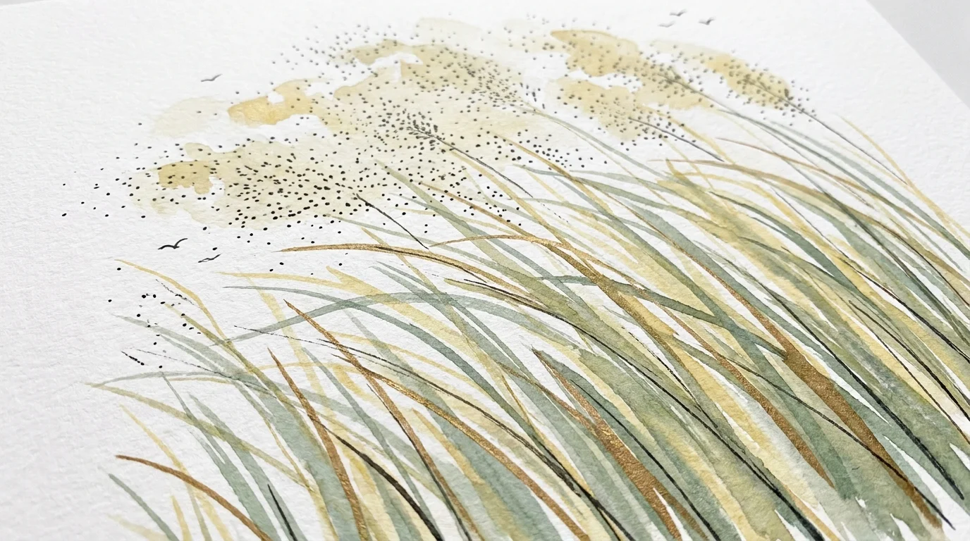 A fluid ink and watercolor sketch of tall green switchgrass with airy, golden seed heads blowing in the wind.
