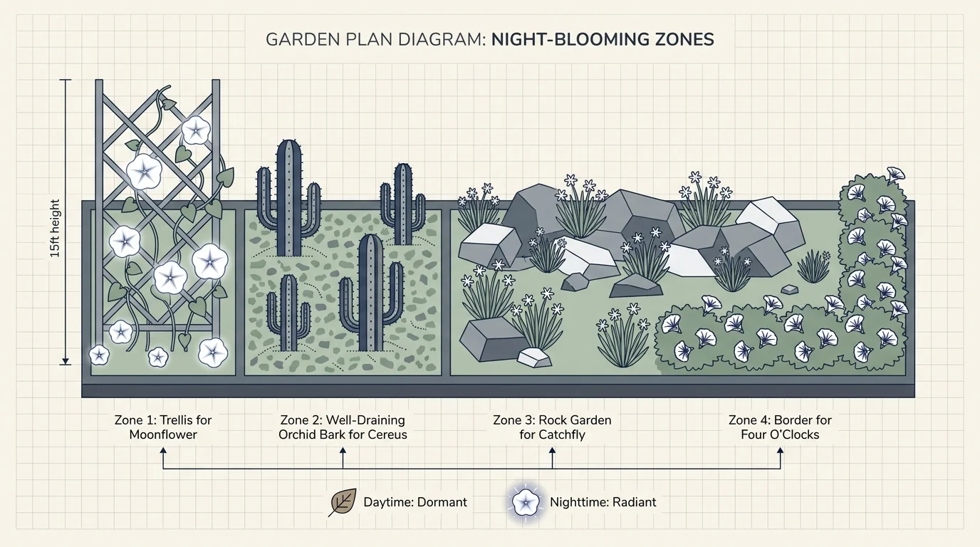 A garden layout diagram showing where to plant Moonflowers, Cereus, and Catchfly in a moon garden.