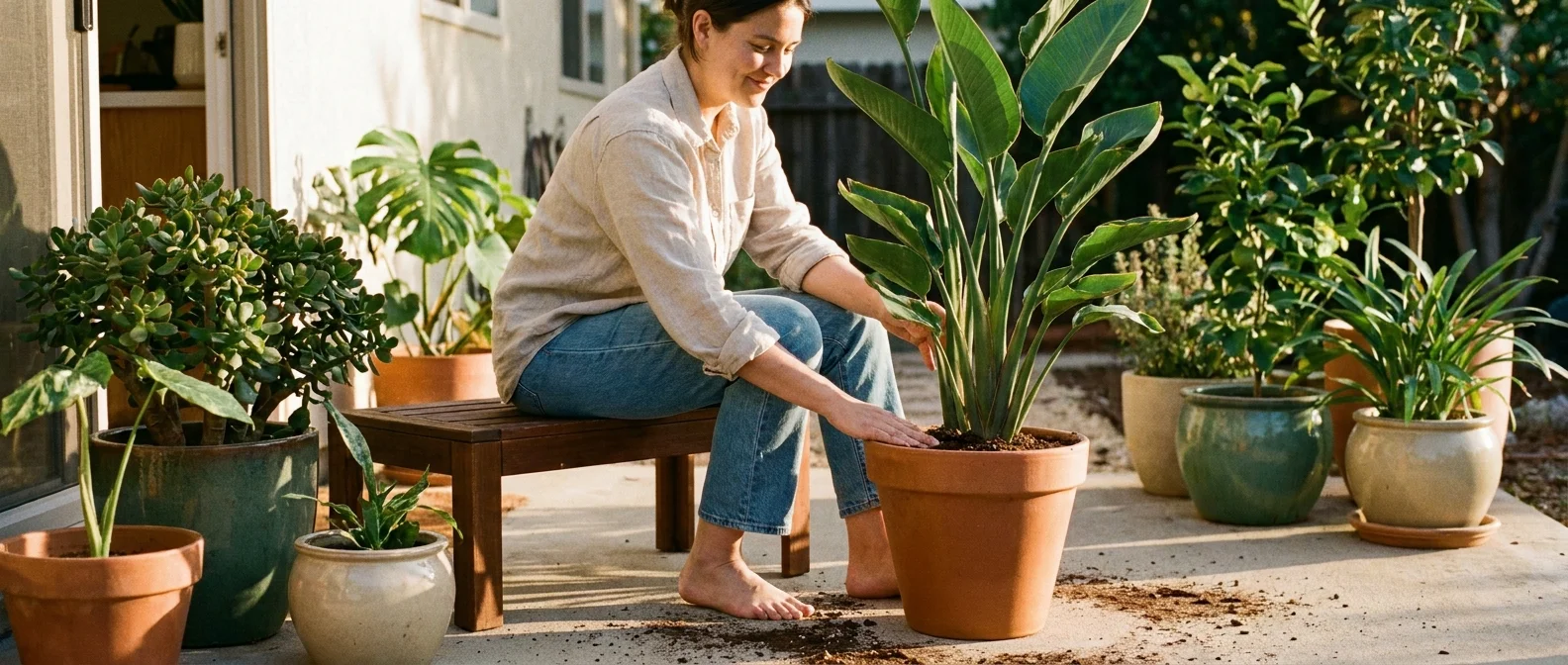 A gardener happily tending to a newly repotted plant on a sunny patio, surrounded by thriving greenery.