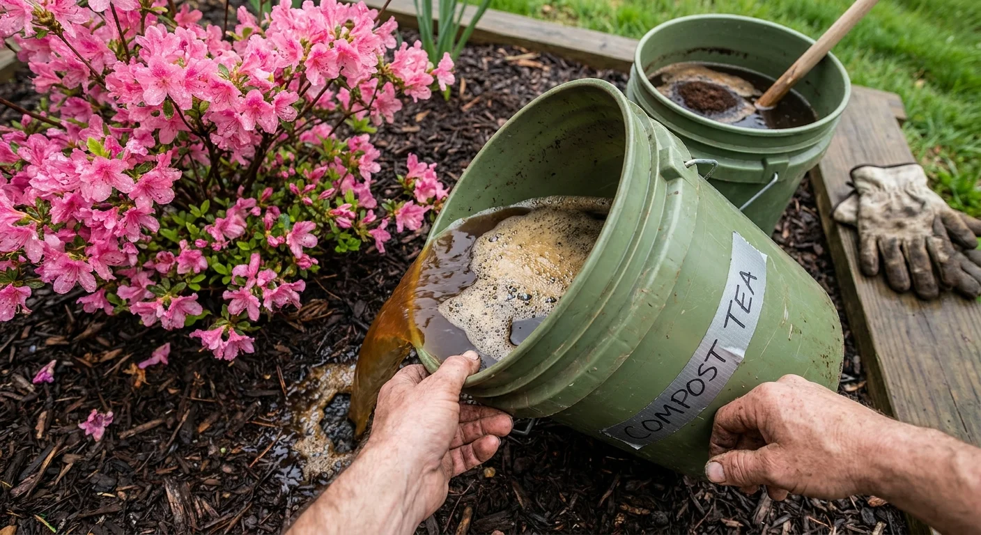 A gardener pouring homemade coffee ground compost tea from a green bucket onto the roots of a pink azalea.