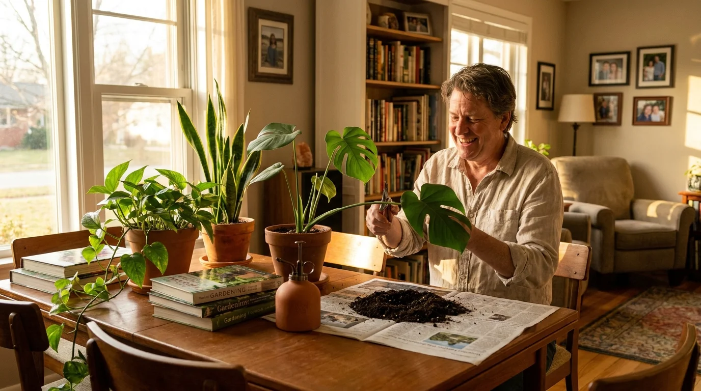 A gardener sits at their sunlit dining table surrounded by healthy houseplants, enjoying the results of their indoor garden.