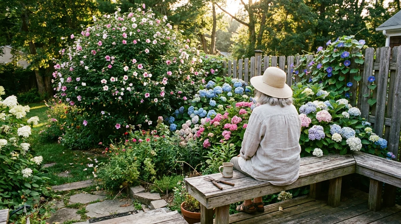 A gardener sitting on a bench overlooking a lush, colorful backyard garden filled with blooming shrubs and vines.
