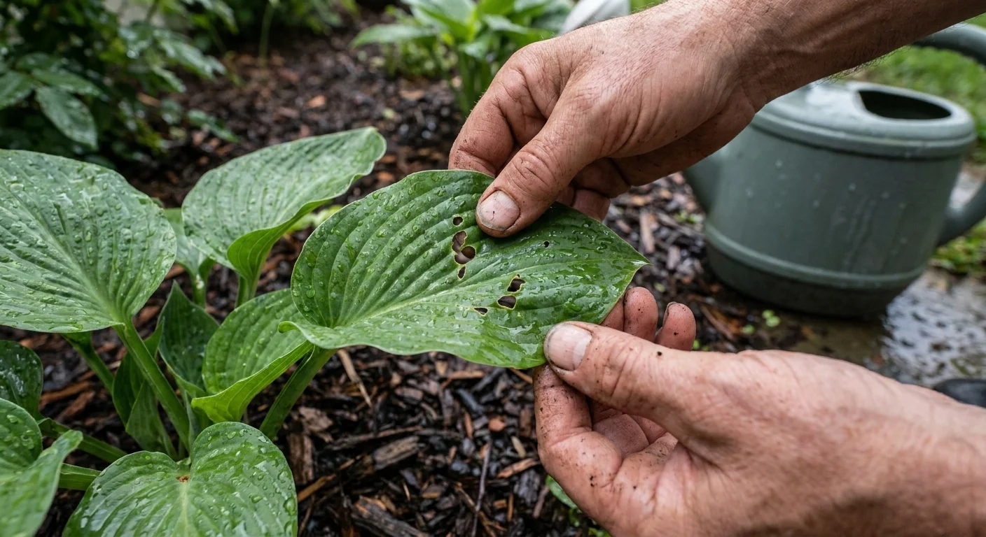 A gardener's hands inspecting a green hosta leaf for pest damage in a wet garden.