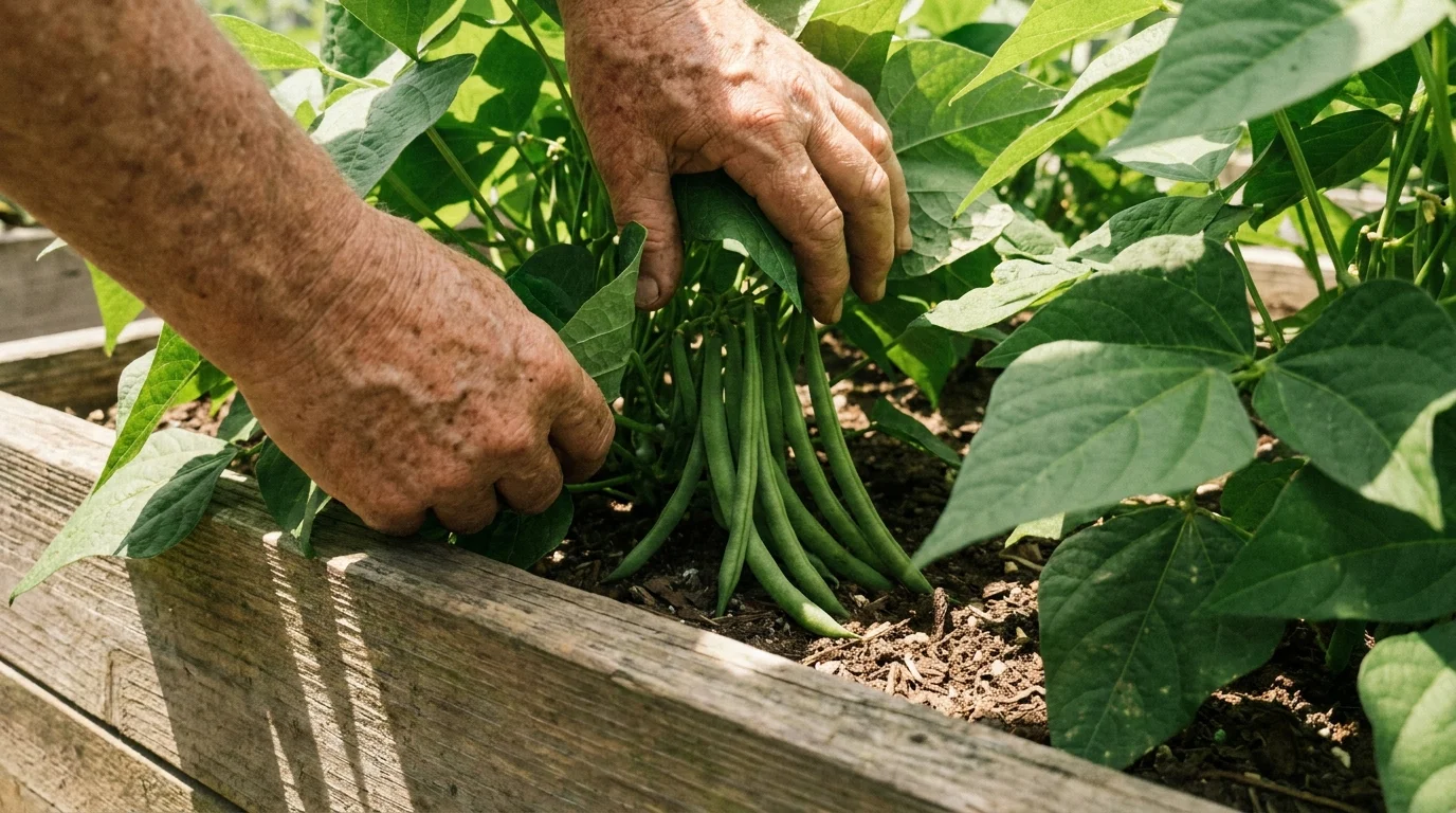 A gardener's hands parting green leaves to harvest long bush beans from a raised garden bed.