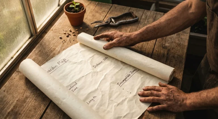 A gardener's hands unrolling a paper planting map on a wooden table with garden tools and a small potted plant.
