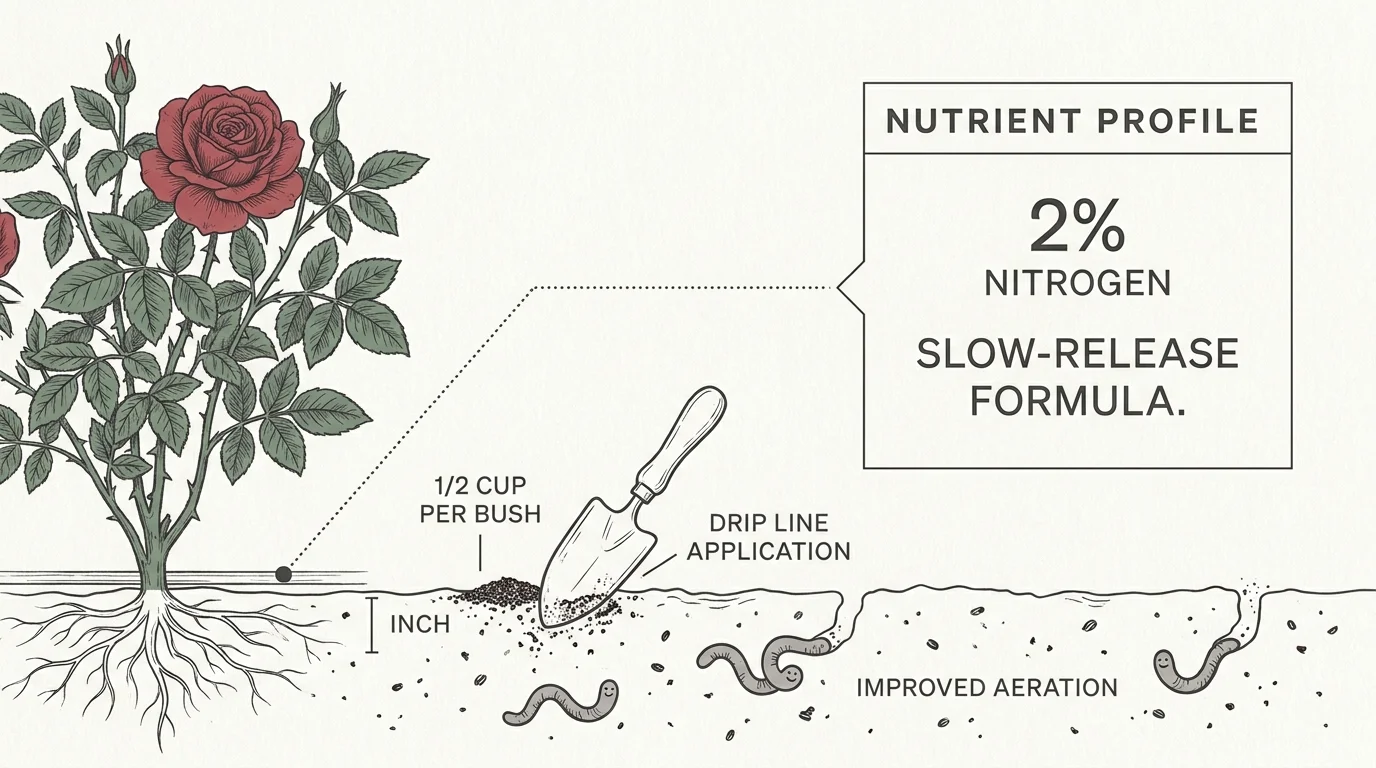 A gardening diagram showing how to apply a half-cup of coffee grounds to the base of a rose bush for nitrogen.