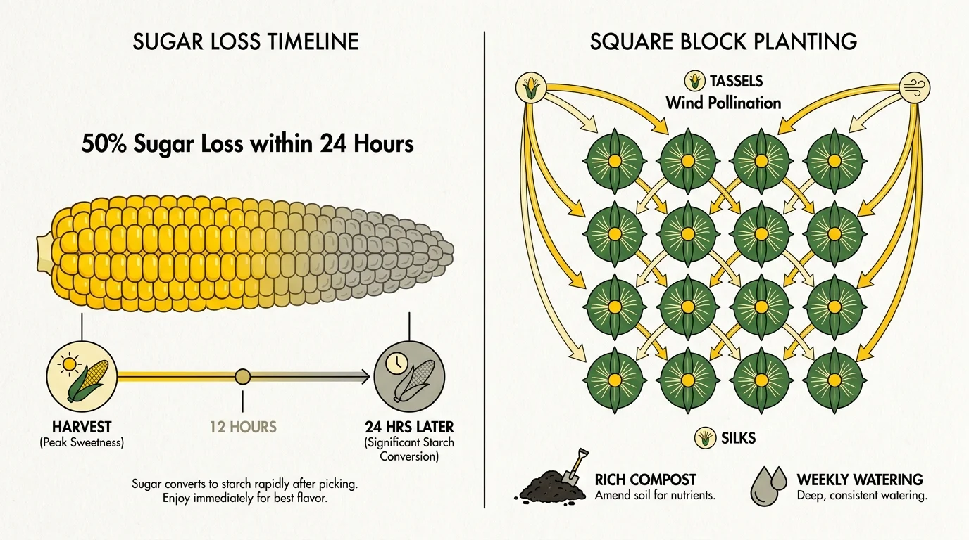 A gardening diagram showing sugar loss in harvested corn and a layout for square block planting to improve wind pollination.