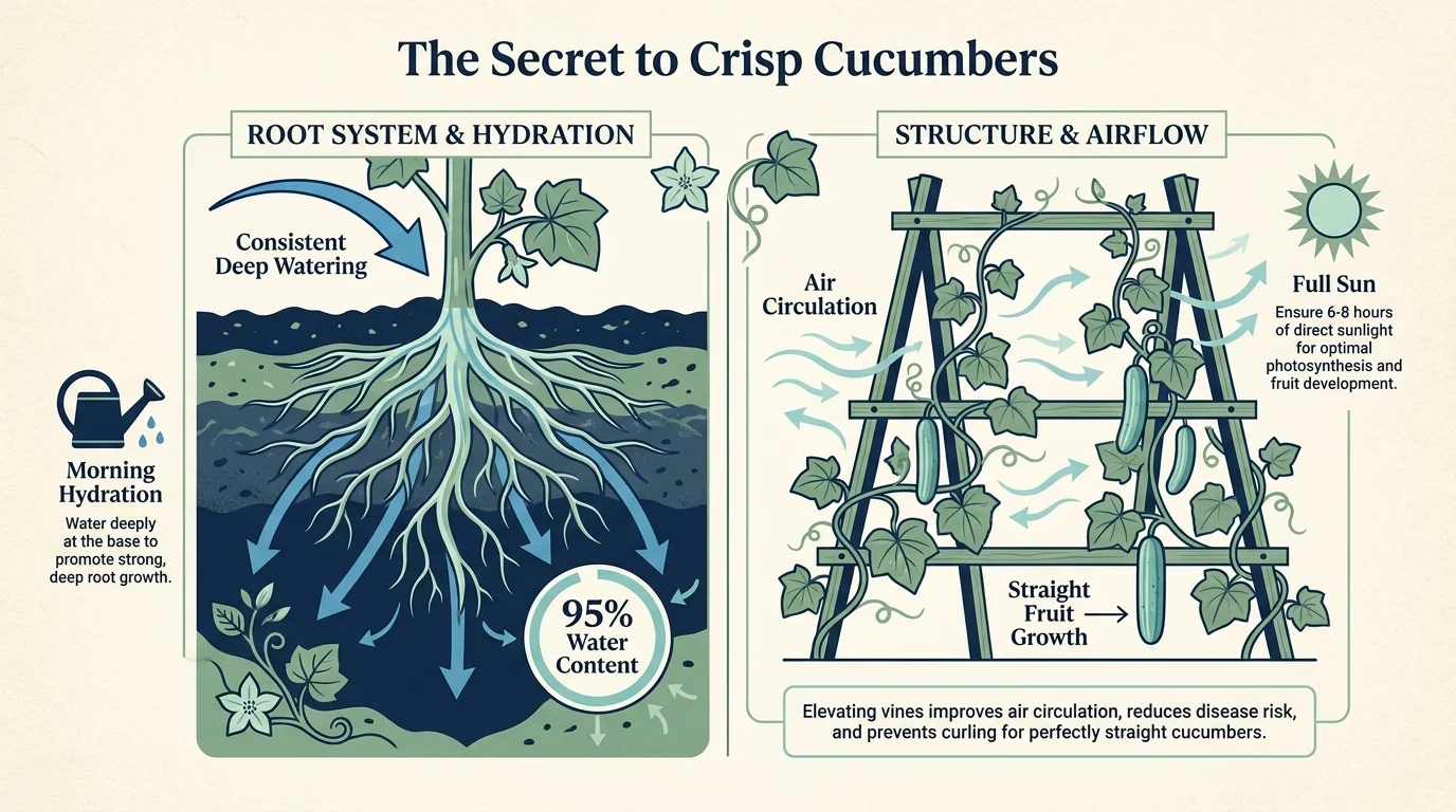 A gardening infographic explaining the importance of deep watering and trellising for crisp homegrown cucumbers.