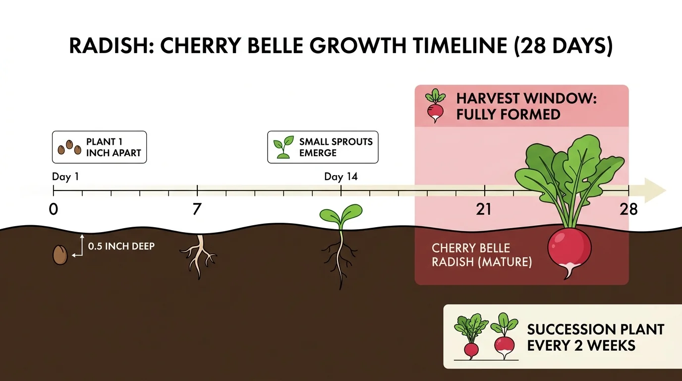 A gardening infographic showing the 28-day growth cycle of radishes from seed to harvest.