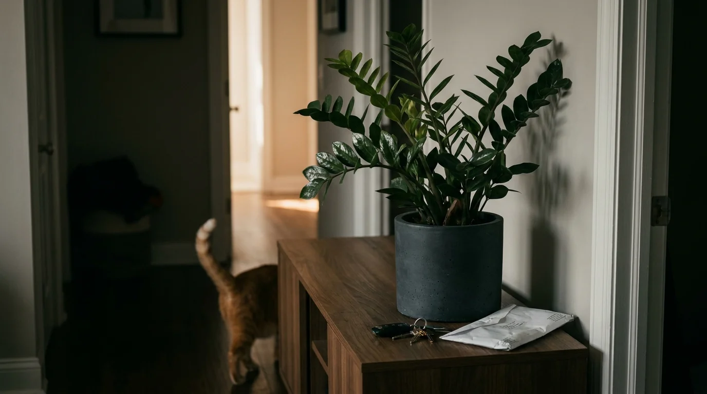 A glossy ZZ plant sits on a credenza in a low-light hallway, showcasing its ability to thrive in dark spaces.
