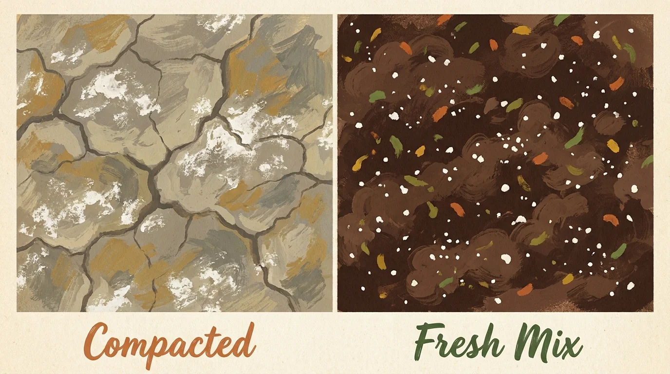 A gouache illustration comparing dry, cracked, depleted soil with rich, dark, fluffy potting mix.