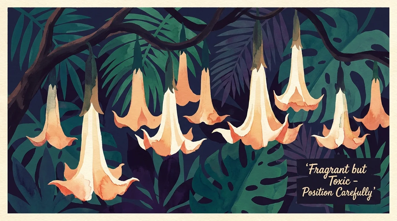 A gouache illustration of large, peach-colored bell-shaped flowers hanging from an Angel's Trumpet shrub.