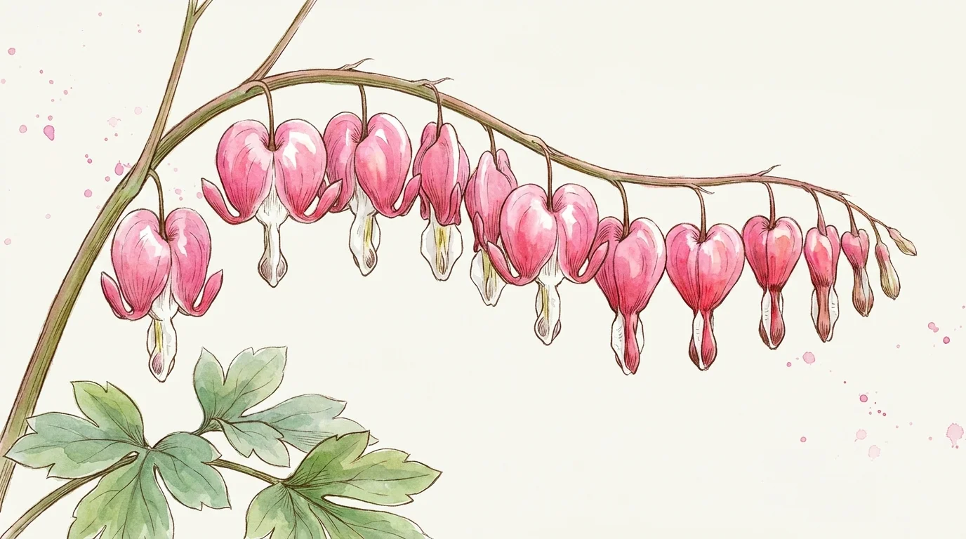 A graceful watercolor painting of pink heart-shaped flowers hanging from a curved stem.