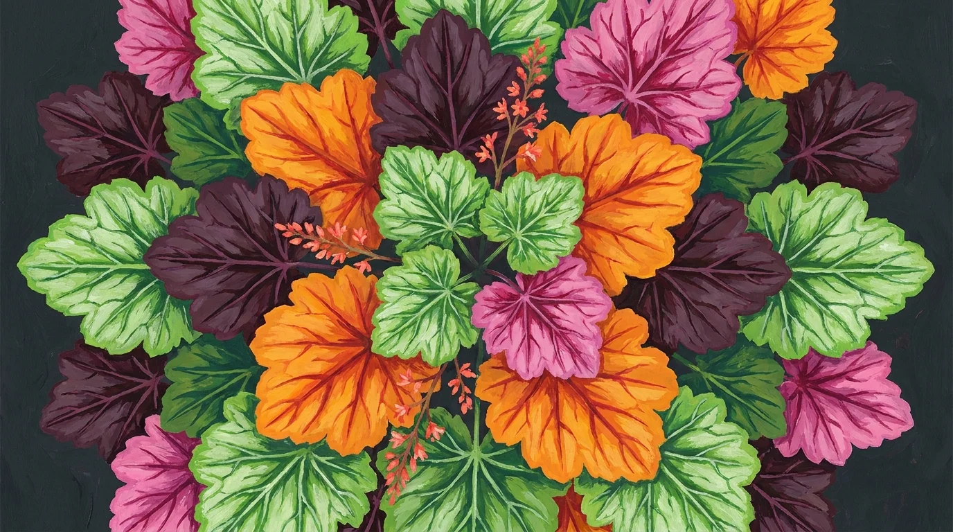 A graphic illustration of various Heuchera leaves in purple, orange, green, and pink colors arranged in a circle.