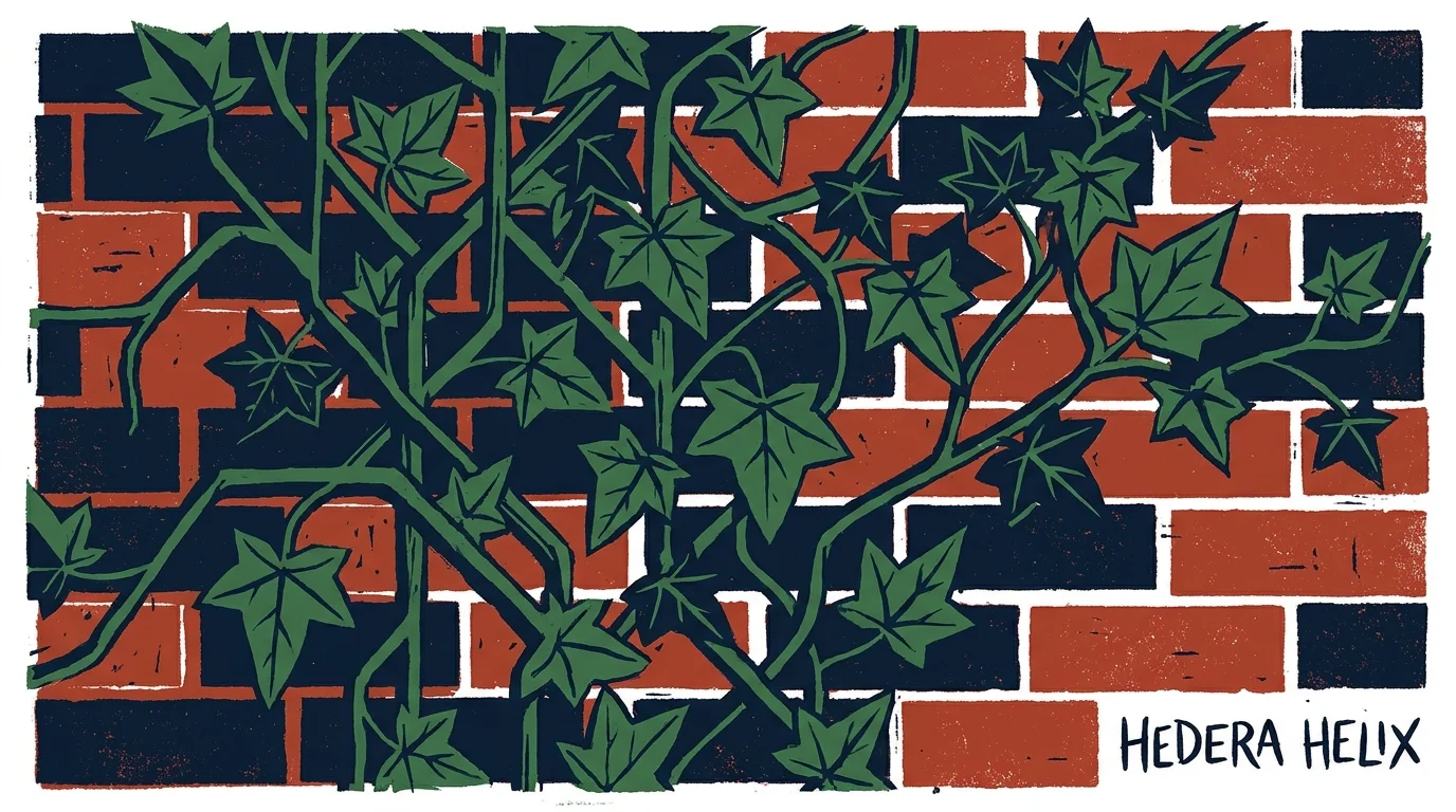 A graphic screenprint illustration of green English Ivy climbing a textured brick wall.