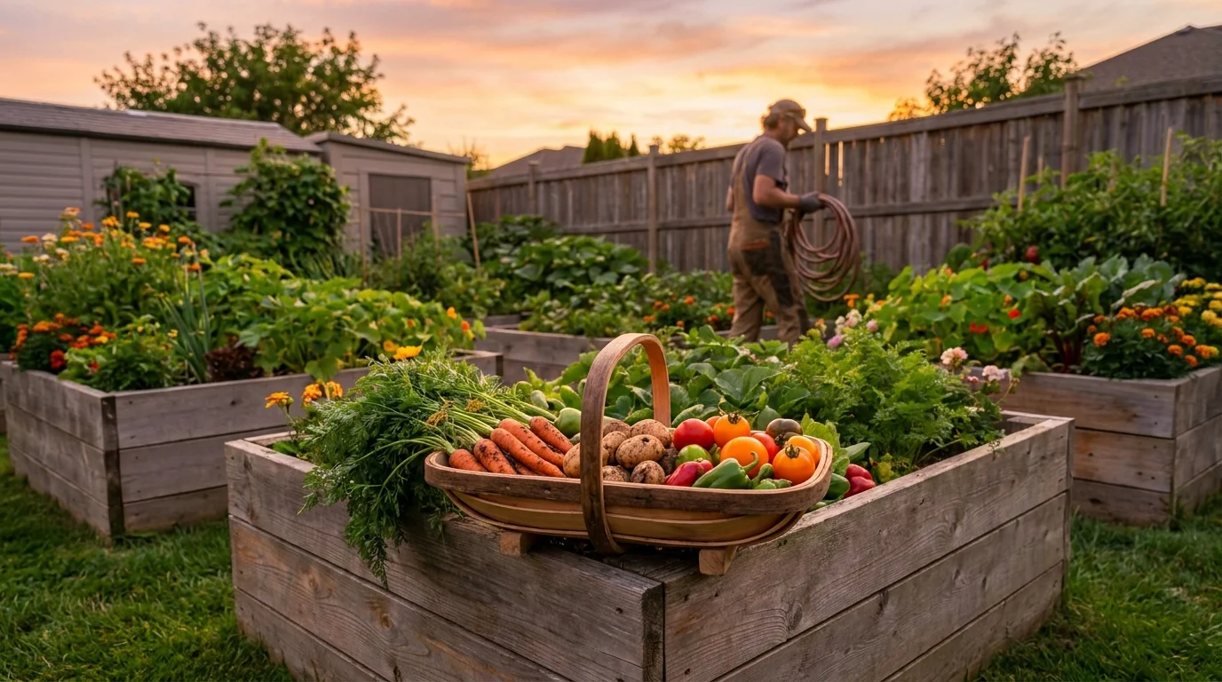 A harvest basket full of fresh vegetables sitting on a raised garden bed at sunset.