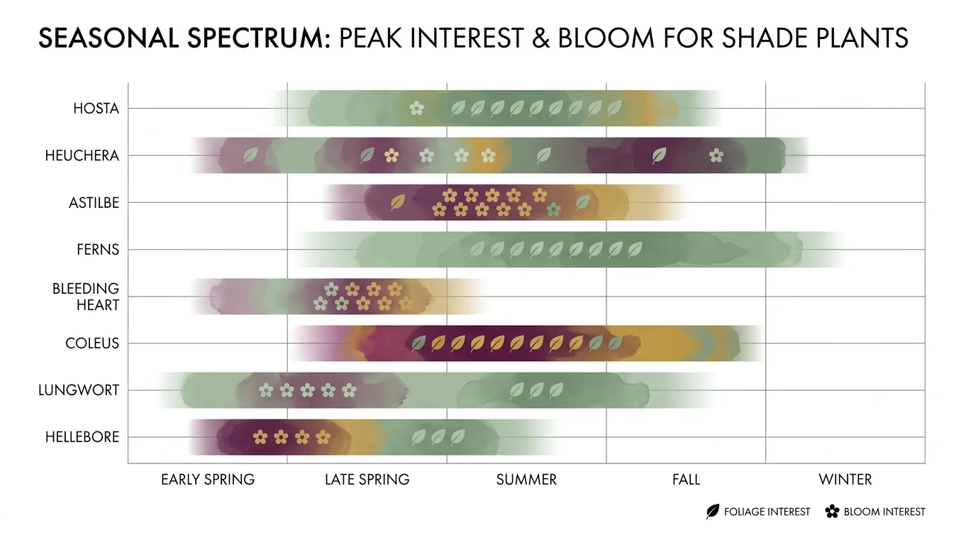 A horizontal chart showing the bloom and foliage seasons for 8 different shade plants.