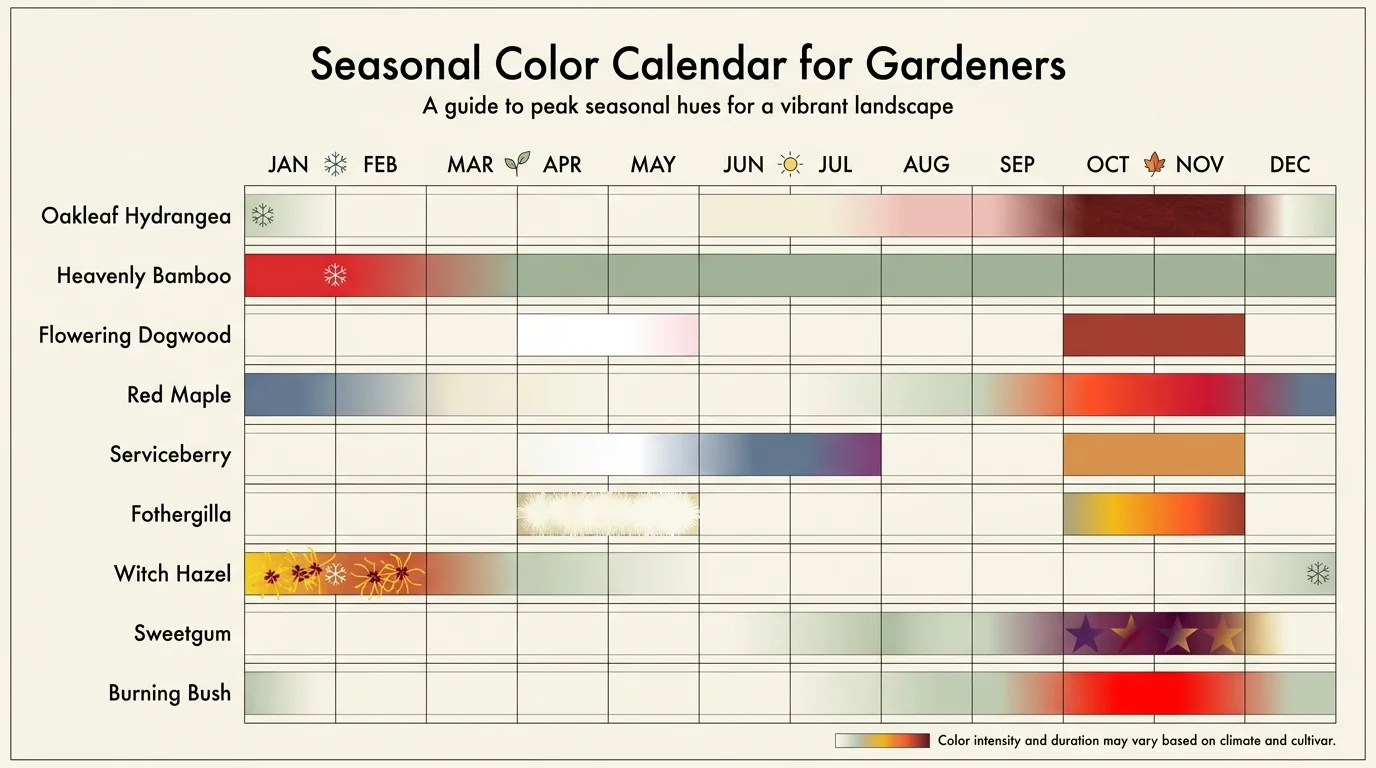 A horizontal chart showing when each of the 9 plants is at its peak color throughout the year.