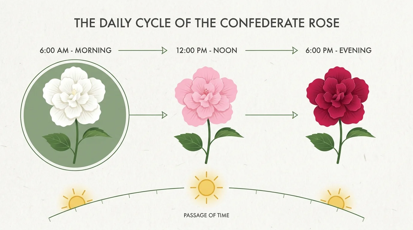 A horizontal diagram showing a flower's transition from white in the morning, to pink at noon, to deep crimson in the evening.