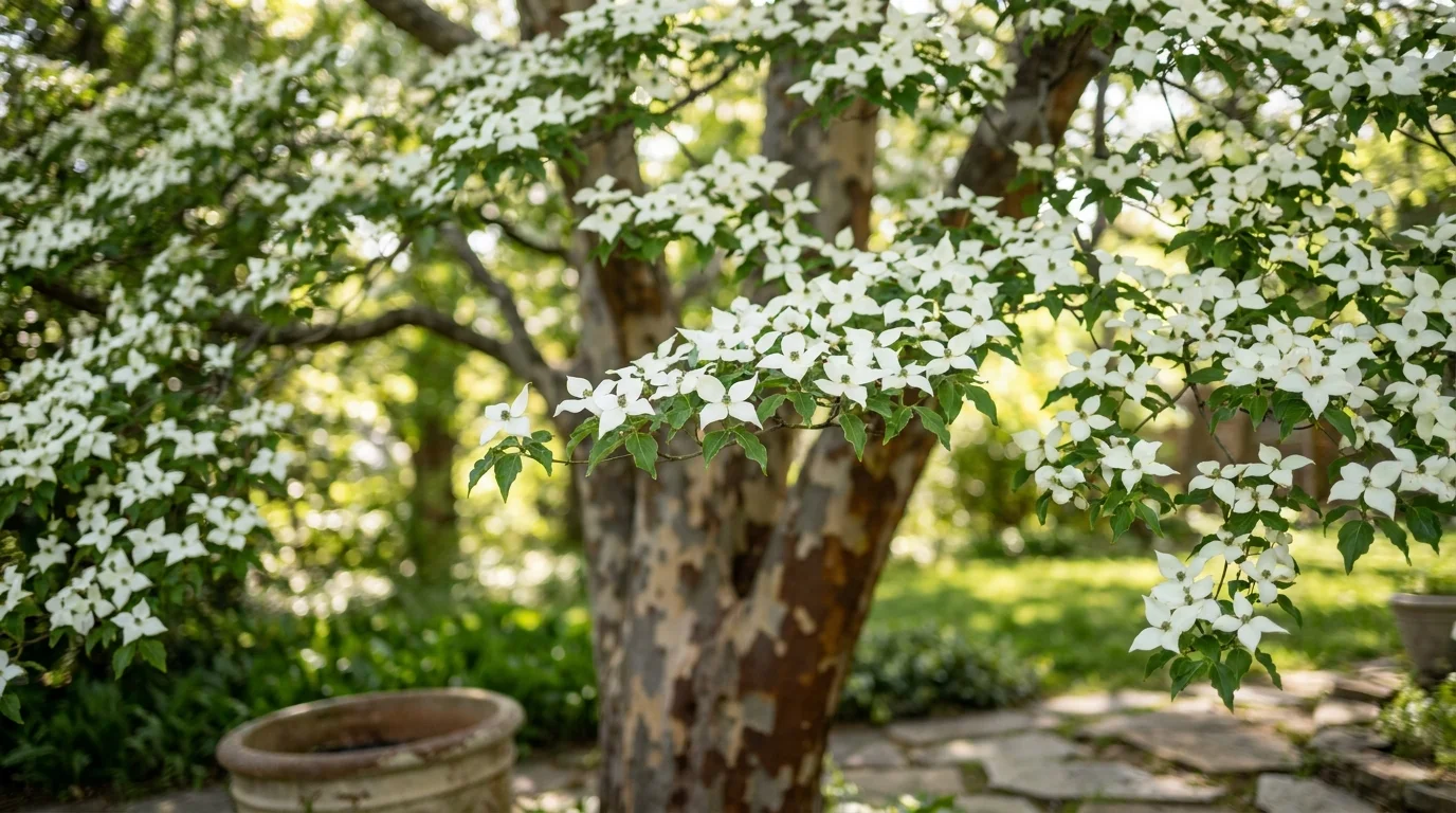 A Kousa Dogwood tree in full bloom with white star-shaped flowers and a background of mottled, peeling bark.