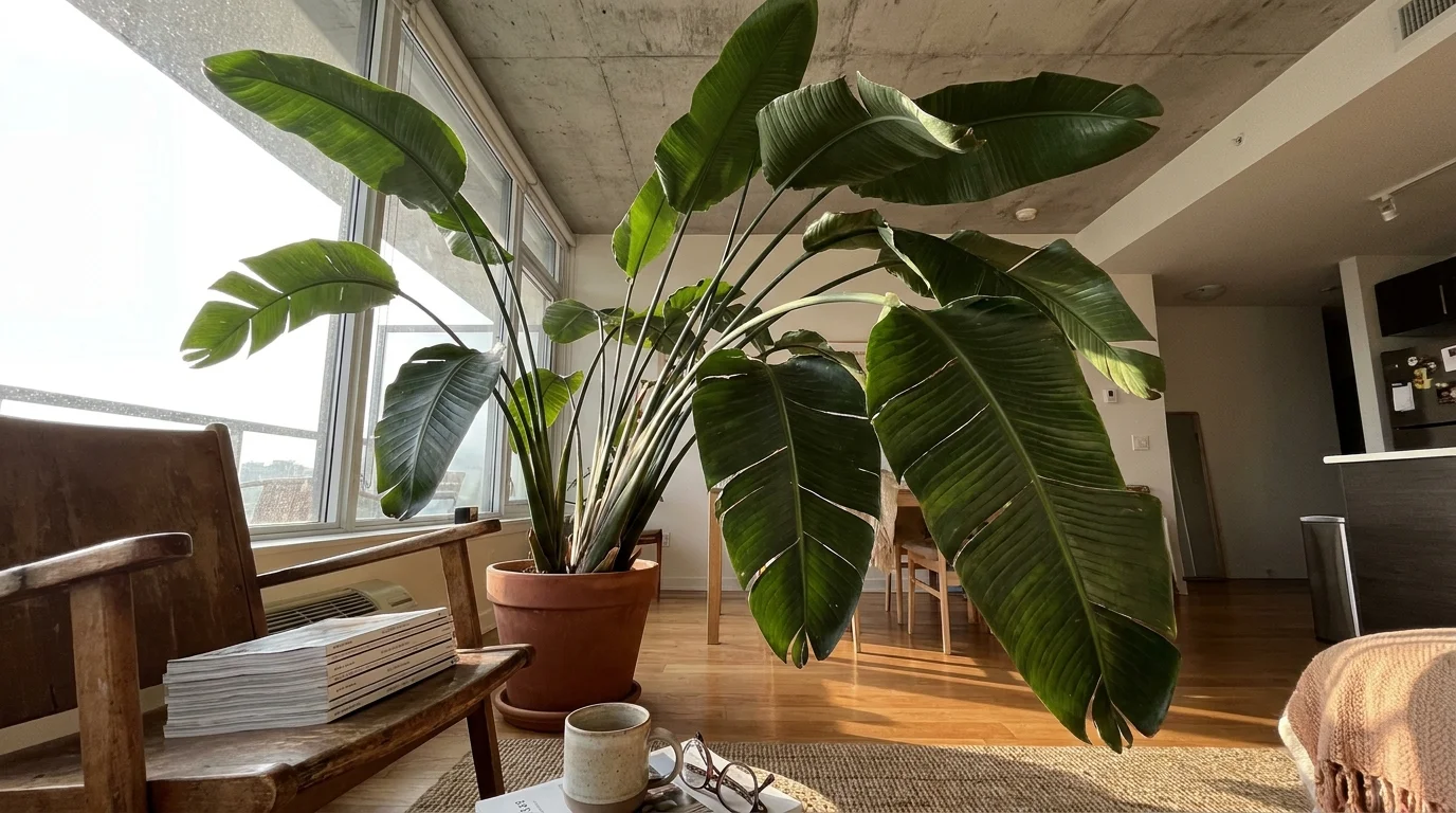 A low-angle photo of a tall White Bird of Paradise plant with large leaves reaching toward the ceiling in a sunlit apartment.