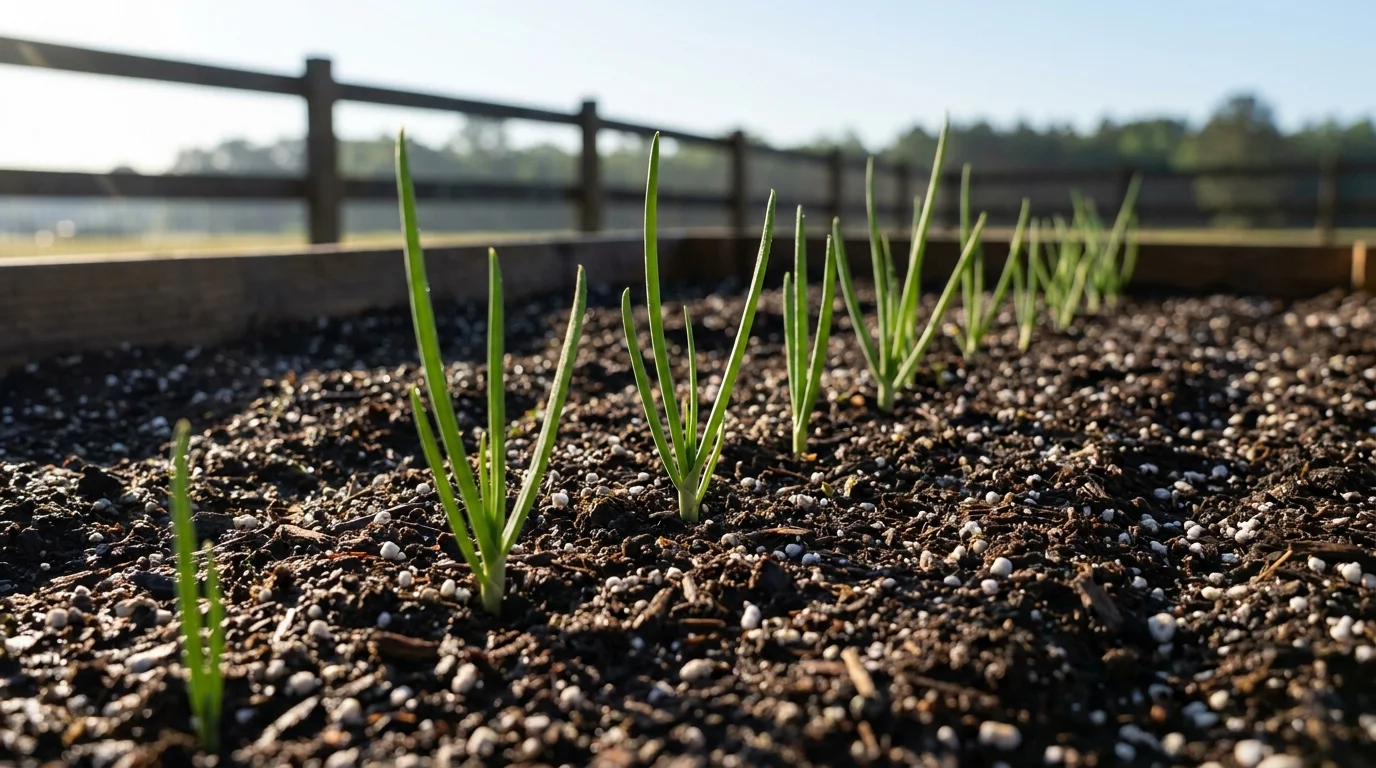A low-angle shot of young onion plants growing in neat rows in the rich, well-drained soil of a raised bed.