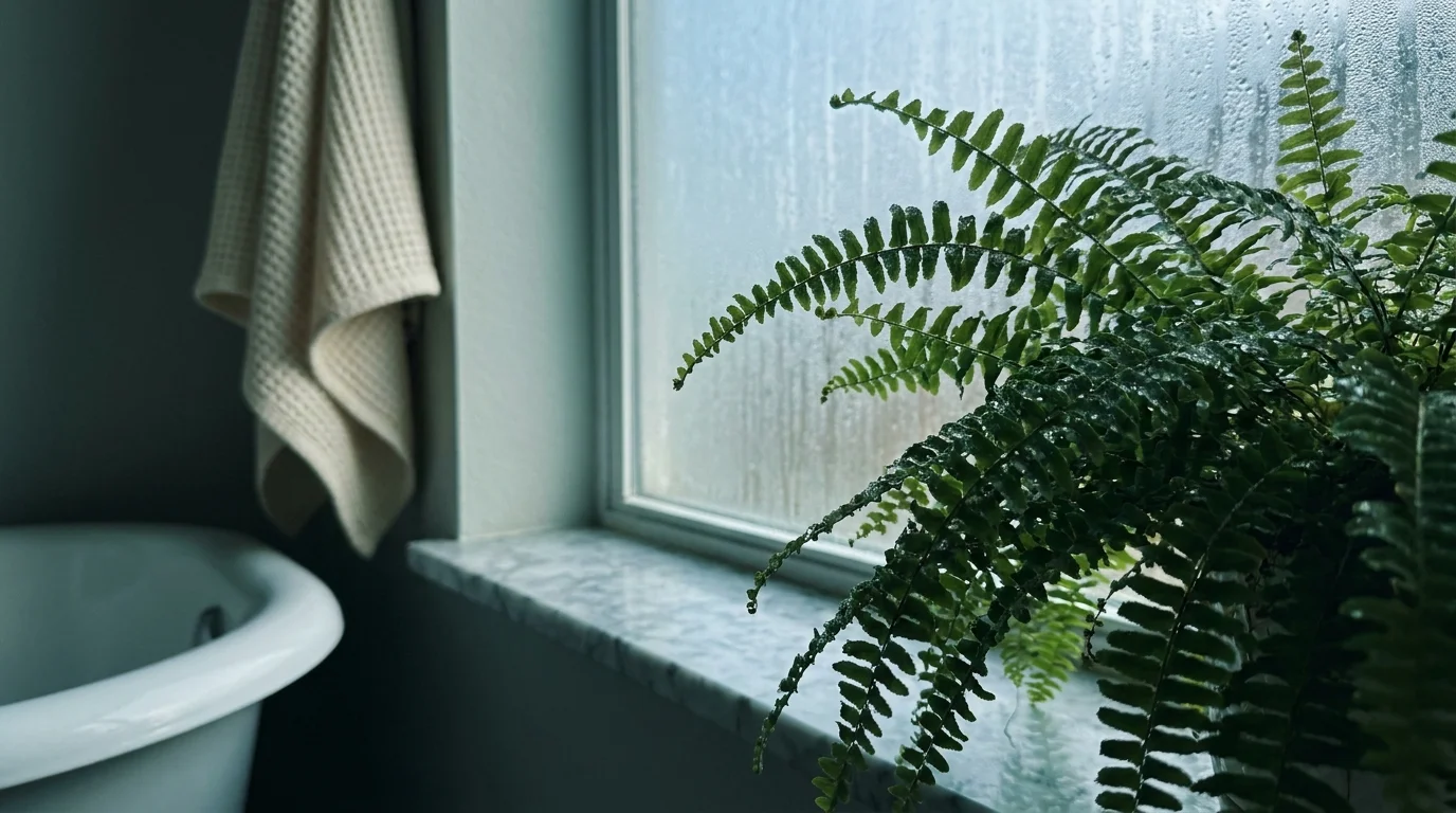 A lush Boston Fern with water droplets on its leaves sitting in a humid, misty bathroom.