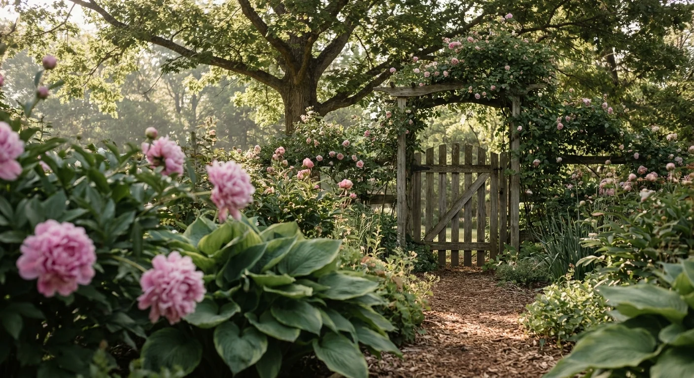 A lush, established perennial garden with pink peonies and green hostas under soft morning sunlight.