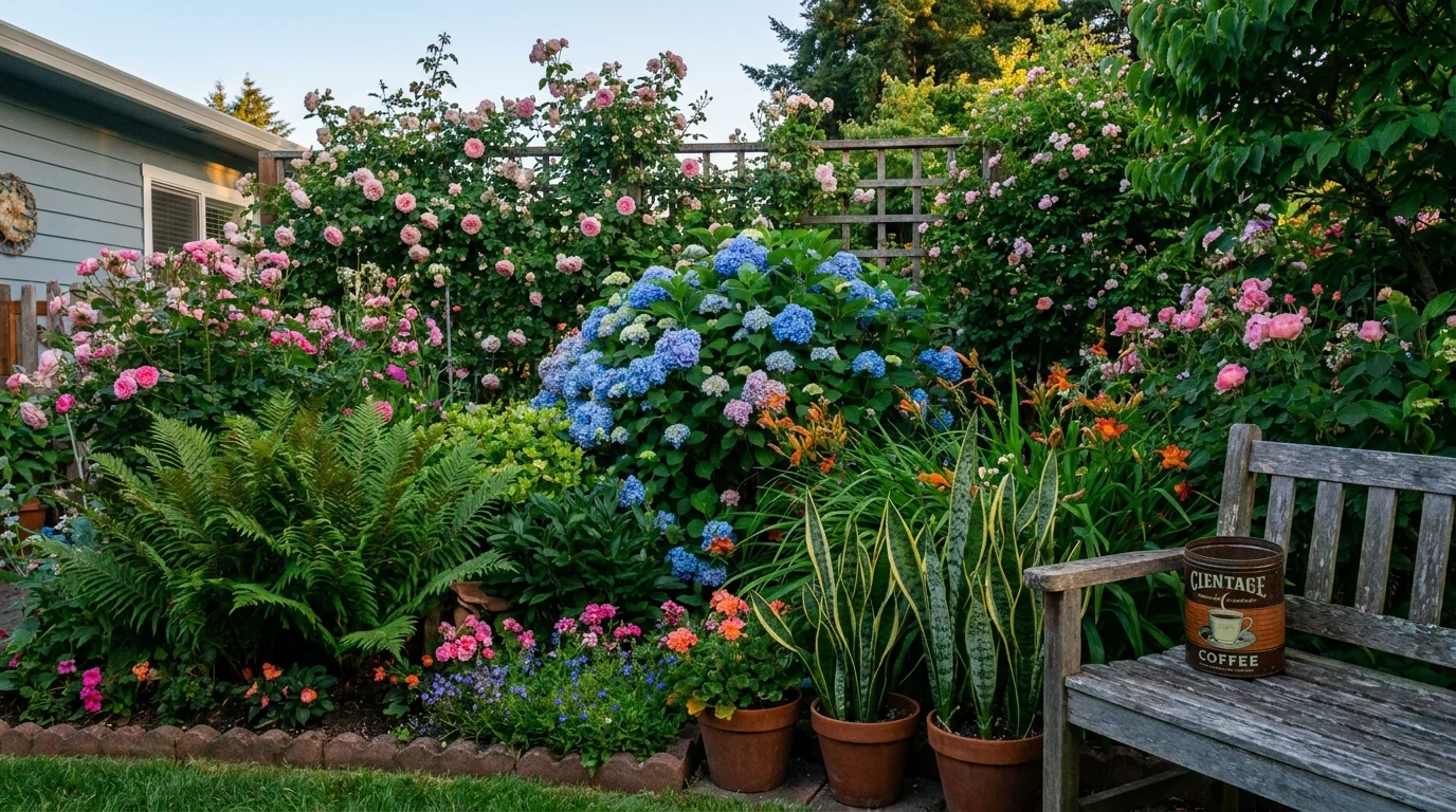 A lush, vibrant backyard garden with various healthy plants, glowing in the soft evening light.