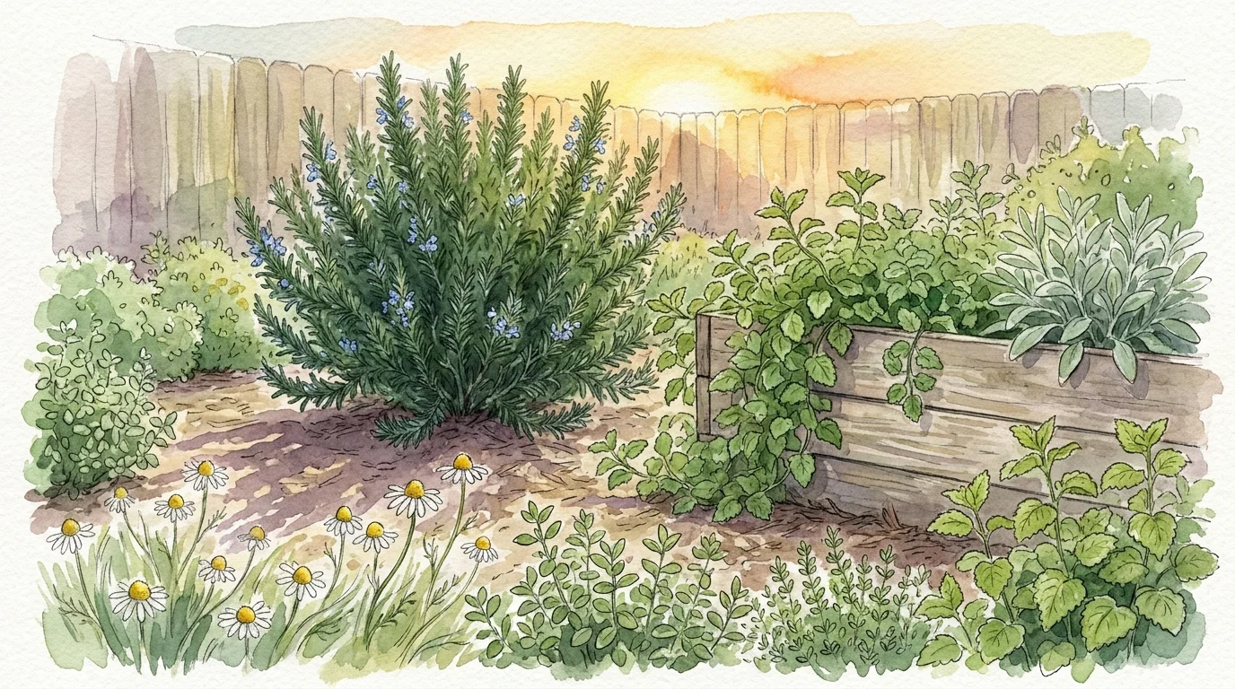 A lush watercolor painting of a backyard herb garden featuring chamomile, rosemary, and mint under a warm sunset glow.