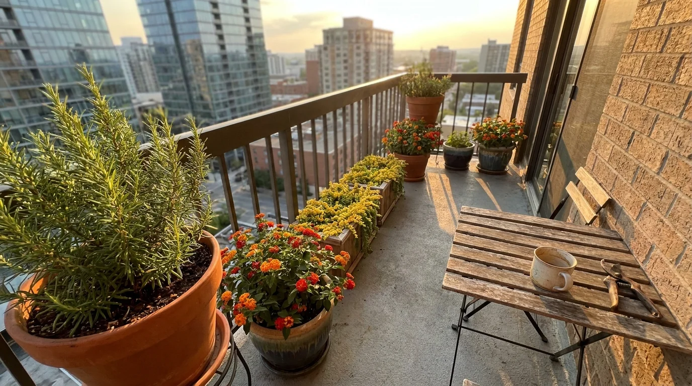A lushly planted high-rise balcony with rosemary and colorful flowers in pots, overlooking a city skyline at sunset.