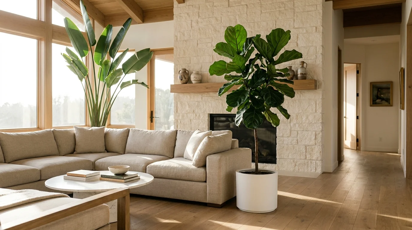 A luxurious sunlit living room featuring a large Fiddle Leaf Fig and a White Bird of Paradise plant by a stone fireplace.