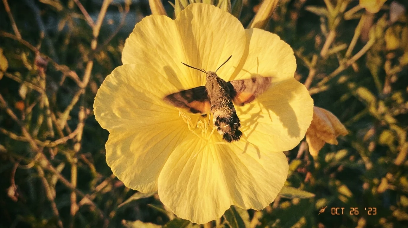 A macro film photograph of a yellow evening primrose flower being visited by a hawk moth at sunset.